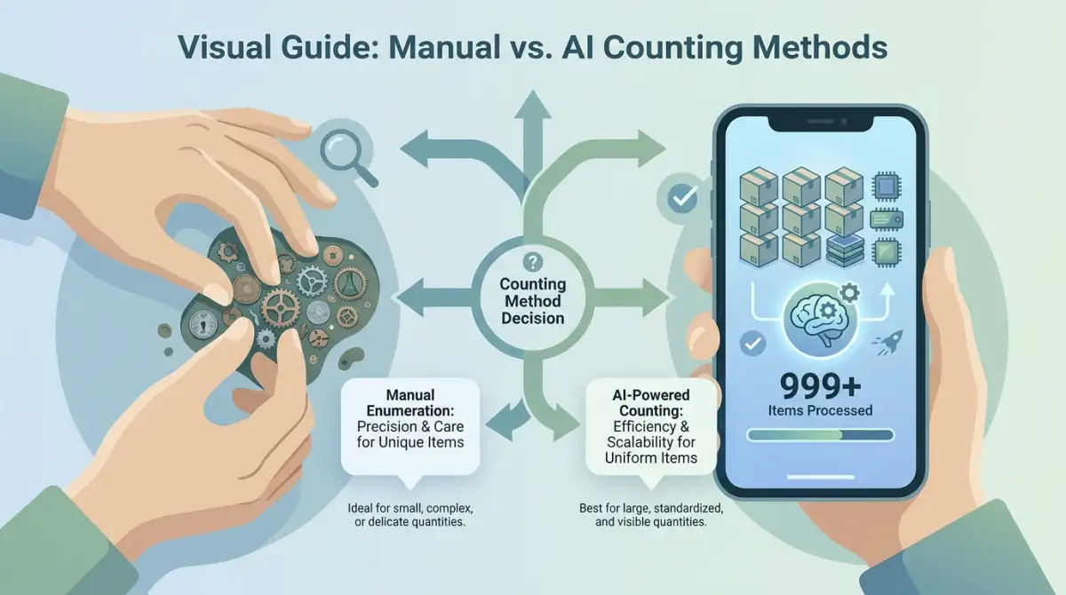 Visual decision flowchart showing when to use manual counting versus AI counting based on quantity, visibility, and time constraints