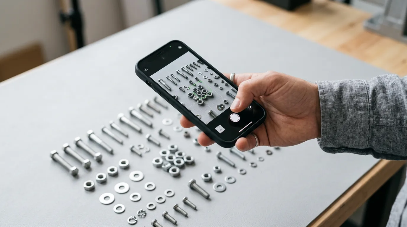 Hand holding a smartphone camera over an arrangement of bolts, nuts, and washers on a table, ready to count them with AI